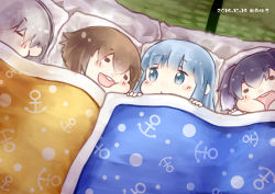 Rule 34 | 10s, 4girls, alternate hairstyle, amatsukaze (kancolle), blue eyes, blue hair, brown hair, closed eyes, futon, grey hair, hatsukaze (kancolle), hinata yuu, kantai collection, multiple girls, open mouth, sleeping, tokitsukaze (kancolle), yukikaze (kancolle)