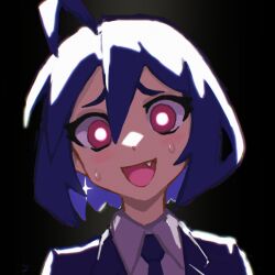 Rule 34 | 1girl, ahoge, blue hair, blue necktie, blush, collared shirt, fang, hcnone, looking at viewer, necktie, nervous smile, office lady, open mouth, original, pink eyes, shirt, short hair, skye (hcnone), smile, sweat, upper body