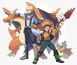 Rule 34 | 2boys, belt, bird, blonde hair, boots, braviary, charizard, clenched hand, coattails, creatures (company), crossover, crow hogan, facial hair, facial tattoo, fangs, farfetch&#039;d, fingerless gloves, flame-tipped tail, game freak, gen 1 pokemon, gen 5 pokemon, gloves, jack atlas, jewelry, male focus, multiple boys, necklace, nintendo, open clothes, open mouth, open vest, orange hair, outstretched arm, parody, pokemon, pokemon (creature), spring onion, style parody, sweatband, tattoo, torinomaruyaki, vest, yu-gi-oh!, yu-gi-oh! 5d&#039;s