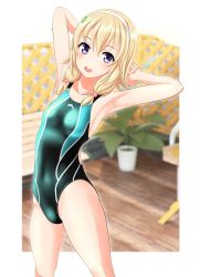 Rule 34 | 1girl, absurdres, arms behind head, bench, blonde hair, blurry, blurry background, breasts, competition swimsuit, covered navel, cowboy shot, green one-piece swimsuit, hair bobbles, hair ornament, hairband, high school fleet, highres, medium hair, multicolored clothes, multicolored swimsuit, one-piece swimsuit, open mouth, plant, potted plant, purple hair, small breasts, solo, standing, swimsuit, takafumi, wakasa reo, white hairband