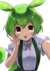 Rule 34 | 1girl, :3, backlighting, blush stickers, commentary request, fujishiro kuma, furrowed brow, green brooch, green hair, hand to own mouth, hand up, highres, long hair, looking at viewer, low ponytail, neck ribbon, open mouth, outstretched arm, pink ribbon, puffy short sleeves, puffy sleeves, raised eyebrows, ribbon, shirt, shirt tucked in, short sleeves, simple background, smile, solo, suspenders, tented shirt, upper body, very long hair, voicevox, whispering, white background, white shirt, yellow eyes, zundamon