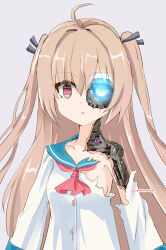 1girl absurdres ahoge android atri atri-my_dear_moments- blue_eyes blue_sailor_collar breasts collarbone commentary damaged dress glowing glowing_eye grey_background grey_ribbon hair_ribbon heterochromia highres light_brown_hair long_hair long_sleeves looking_at_viewer mechabare parted_lips rasen_manga red_eyes ribbon sailor_collar sailor_dress school_uniform simple_background small_breasts solo torn_clothes torn_dress twintails twitter_username upper_body very_long_hair watermark white_dress