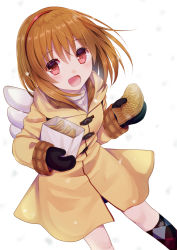Rule 34 | 1girl, absurdres, akausagi, argyle, argyle clothes, argyle legwear, backpack, bag, brown coat, brown hair, brown mittens, coat, commentary request, cowboy shot, food, hairband, happy birthday, highres, kanon, long sleeves, looking at viewer, mittens, paper bag, red eyes, short hair, simple background, smile, socks, solo, taiyaki, tsukimiya ayu, wagashi, white background, winged bag