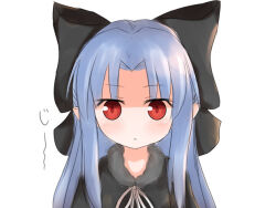 Rule 34 | 1girl, :&lt;, bad link, black bow, black capelet, blue hair, bow, capelet, commentary request, expressionless, forehead, fur-trimmed capelet, fur trim, hair bow, hair intakes, half updo, len (tsukihime), light blue hair, long hair, looking at viewer, parted bangs, pointy ears, portrait, red eyes, shize (coletti), sidelocks, simple background, solo, sound effects, staring, straight-on, straight hair, tsukihime, white background