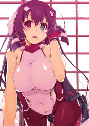 Rule 34 | 1girl, asama tomo, bare shoulders, blue eyes, breasts, commentary request, covered navel, fingerless gloves, gloves, hair ornament, heterochromia, highres, kyoukaisenjou no horizon, large breasts, leotard, long hair, looking at viewer, open mouth, pantyhose, purple hair, red eyes, shikei, sleeveless, solo