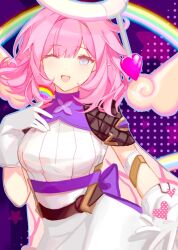 Rule 34 | 1girl, ;d, annnnq, blue eyes, breasts, brown wings, commentary request, detached wings, dress, elysia (honkai impact), gloves, halo, hand up, heart, highres, honkai (series), honkai impact 3rd, looking at viewer, medium breasts, mini wings, one eye closed, open mouth, pink hair, pointy ears, polka dot, polka dot background, purple background, smile, solo, star (symbol), starry background, white dress, white gloves, wings