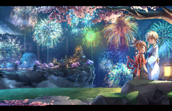 Rule 34 | 2girls, :d, aerial fireworks, blonde hair, blush, bow, brown eyes, brown hair, building, chahei, closed mouth, cloud, commentary request, fireworks, genshin impact, hair bow, highres, japanese clothes, kimono, lantern, letterboxed, long sleeves, lumine (genshin impact), multiple girls, night, night sky, open mouth, outdoors, red bow, sitting, sky, smile, tree, white kimono, wide sleeves, yoimiya (genshin impact)