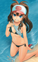 Rule 34 | 10s, 1girl, artist name, bad deviantart id, bad id, bare arms, bare legs, barefoot, baseball cap, bikini, bikini under clothes, black bikini, blue eyes, breasts, brown hair, cameltoe, cleft of venus, clothes lift, collarbone, covered erect nipples, creatures (company), feet, game freak, grin, hat, highres, hilda (pokemon), kneeling, lasterk, looking at viewer, naughty face, navel, nintendo, open mouth, poke ball, poke ball (basic), pokemon, pokemon bw, sand, shirt lift, side-tie bikini bottom, sleeveless, small breasts, smile, solo, swimsuit, swimsuit under clothes, water, water drop, watermark, web address, wet, wet clothes