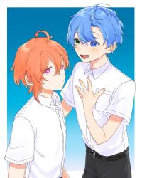 Rule 34 | 2boys, :/, ahoge, black pants, blue background, blue eyes, blue hair, borrowed character, breast pocket, closed mouth, collared shirt, commentary request, gradient background, green eyes, hair between eyes, hand on own chest, highres, looking at another, looking at viewer, male focus, medium hair, multiple boys, open mouth, orange hair, original, pants, pink eyes, pocket, rramarukun, school uniform, shirt, short hair, short sleeves, simple background, standing, star-shaped pupils, star (symbol), symbol-shaped pupils, upper body, white shirt