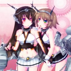 Rule 34 | 10s, 2girls, bad id, bad pixiv id, black hair, brown hair, chain, door to heaven, elbow gloves, fingerless gloves, gloves, green eyes, groin, hairband, holding hands, hand on another&#039;s shoulder, kantai collection, machinery, midriff, multiple girls, mutsu (kancolle), nagato (kancolle), navel, open mouth, red eyes, turret