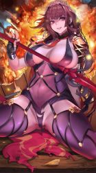 Rule 34 | 1girl, 504 gateway, armor, bad id, bad pixiv id, between breasts, bodysuit, breasts, cleavage, covered navel, explosion, fate/grand order, fate (series), gae bolg (fate), highres, large breasts, leotard, long hair, necktie, necktie between breasts, pauldrons, polearm, purple bodysuit, purple hair, purple leotard, red eyes, red necktie, scathach (fate), shoulder armor, slit pupils, smile, solo, spear, spread legs, thighs, torn clothes, very long hair, weapon