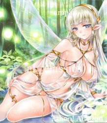Rule 34 | 1girl, artist name, at classics, bare shoulders, blue eyes, bracelet, breasts, cleavage, covered erect nipples, detached sleeves, fairy, fairy wings, fireflies, forest, glowing, hair ornament, hairband, jewelry, large breasts, long hair, looking at viewer, nature, neck ring, original, outdoors, pointy ears, revealing clothes, sample watermark, see-through, smile, solo, thigh gap, thighlet, traditional media, tree, very long hair, watermark, white hair, wings
