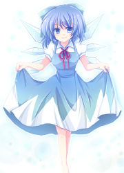 Rule 34 | barefoot, blue dress, blue eyes, blue hair, bow, cirno, colorized, curtsey, dress, embodiment of scarlet devil, hair bow, kurosu rino, large bow, short hair, smile, solo, touhou, wings