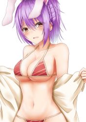 Rule 34 | 1girl, alternate hairstyle, animal ears, bare shoulders, bikini, blush, braid, breasts, collarbone, commentary request, diagonal-striped bikini, diagonal-striped clothes, hair between eyes, halterneck, highres, large breasts, looking at viewer, navel, open mouth, ponytail, purple hair, rabbit ears, red bikini, red eyes, reisen udongein inaba, santarou, short hair, sidelocks, simple background, solo, stomach, striped bikini, striped clothes, swimsuit, touhou, undressing, upper body, white background