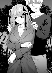 Rule 34 | 1boy, 1girl, arm under breasts, belt, black ribbon, bleached hair, blunt bangs, blush, breasts, butterfly hair ornament, cleavage, coat, collarbone, commentary, embarrassed, exhibitionism, eyebrows hidden by hair, eyelashes, fingernails, furrowed brow, go-toubun no hanayome, hair ornament, hair ribbon, hands on shoulders, head tilt, highres, holding own arm, kosmos beta, large breasts, looking to the side, medium hair, nakano nino, naked coat, night, no eyes, nose, nose blush, outdoors, public indecency, ribbon, shaded face, shoulder grab, sidelocks, smile, straight hair, tree, two side up, uesugi fuutarou, wavy mouth