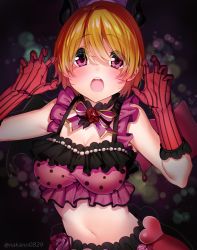 Rule 34 | 1girl, asymmetrical wings, bat wings, black horns, bow, bowtie, breasts, brown hair, cleavage, gloves, hair between eyes, hands up, highres, horns, koizumi hanayo, looking at viewer, love live!, love live! school idol project, medium breasts, midriff, nakano maru, navel, open mouth, purple bow, purple bowtie, red gloves, short hair, solo, striped clothes, striped gloves, teeth, twitter username, upper teeth only, vertical-striped clothes, vertical-striped gloves, wings