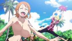 Rule 34 | 1girl, 2boys, bouncing breasts, breasts, brown eyes, highres, large breasts, multiple boys, nami (one piece), nipples, nude filter, one piece, open mouth, orange hair, outdoors, sanji (one piece), smile, solo, tattoo, third-party edit, topless, usopp