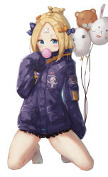 Rule 34 | 1girl, abigail williams (fate), abigail williams (traveling outfit) (fate), absurdres, balloon, barefoot, black bow, black jacket, blonde hair, blue eyes, blush, bow, blowing bubbles, chewing gum, commentary request, crossed bandaids, fate/grand order, fate (series), fou (fate), hair bow, hair bun, hand up, highres, holding, holding balloon, jacket, kneeling, lemon tea (15058751917), long hair, long sleeves, looking at viewer, medjed (fate), official alternate costume, orange bow, parted bangs, polka dot, polka dot bow, simple background, single hair bun, sleeves past fingers, sleeves past wrists, solo, star (symbol), white background
