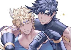 Rule 34 | 2boys, arm around shoulder, bad id, bad twitter id, battle tendency, black hair, blonde hair, blue eyes, caesar anthonio zeppeli, clenched hand, closed eyes, commentary, english commentary, eyebrows hidden by hair, facial mark, feather hair ornament, feathers, fingerless gloves, fist bump, gloves, grin, hair ornament, headband, highres, jojo no kimyou na bouken, joseph joestar, joseph joestar (young), male focus, multiple boys, muscular, muscular male, musou (asatomjj), one eye closed, short hair, simple background, sleeveless, smile, star (symbol), symbol-only commentary, triangle print, white background