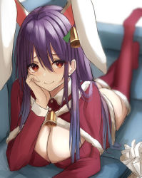 Rule 34 | 1girl, 7saki, animal ears, ass, bad id, bad pixiv id, blurry, blush, depth of field, dress, hair between eyes, hand on own cheek, hand on own face, head rest, highres, long hair, looking at viewer, lying, on stomach, purple hair, rabbit ears, red eyes, red thighhighs, reisen udongein inaba, santa dress, smile, solo, thighhighs, touhou