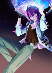 Rule 34 | 1boy, absurdres, antenna hair, arms up, ayase mayoi, checkered clothes, checkered jacket, collarbone, ensemble stars!, fingerless gloves, gloves, gradient background, green eyes, hair between eyes, highres, holding, jacket, leg up, loveforever666, male focus, medium hair, open clothes, open shirt, pants, purple hair, sky, smile, star (sky), starry sky