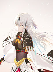 1girl bad_id bad_pixiv_id breasts eyebrows_hidden_by_hair fate/grand_order fate_(series) fingerless_gloves gloves grey_hair highres holding holding_weapon japanese_clothes long_hair looking_at_viewer merry_hearm nagao_kagetora_(fate) ponytail simple_background solo upper_body weapon white_background white_hair yellow_eyes