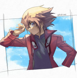 Rule 34 | 1boy, brown eyes, brown hair, closed mouth, commentary request, fushitasu, grey shirt, hand up, jacket, long sleeves, male focus, medium hair, open clothes, open jacket, popped collar, red jacket, shirt, solo, upper body, yu-gi-oh!, yuki judai