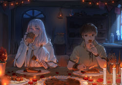 Rule 34 | 2boys, blue eyes, blush, brown eyes, brown hair, brown shirt, cake, cake slice, candle, candlelight, collared shirt, commentary request, cup, door, drinking, eating, eyebrows hidden by hair, food, fork, fruit, hair between eyes, hair over shoulder, highres, holding, holding cup, holding fork, hood, hood down, hooded robe, indoors, long hair, long sleeves, low ponytail, male focus, maya g, multiple boys, original, plate, ponytail, robe, shirt, short sleeves, sleeves past wrists, strawberry, tankard, upper body, white day, white robe, yaoi