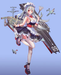 Rule 34 | 1girl, absurdres, aircraft, airplane, apron, armpits, bare arms, bare shoulders, biplane, black dress, black footwear, blue oath, bow, bowtie, breasts, cleavage, detached collar, dress, duster, flight deck, floating hair, frilled dress, frills, full body, garter straps, hanato (seonoaiko), highres, holding, large breasts, leg up, long hair, looking at viewer, maid, maid apron, maid headdress, mary janes, mast, mole, mole on breast, nimitz (blue oath), open mouth, red eyes, rigging, shoes, sideboob, silver hair, sleeveless, sleeveless dress, smile, solo, standing, standing on one leg, thighhighs, waist apron, white thighhighs, wrist cuffs, zettai ryouiki