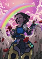 Rule 34 | 1girl, animification, apex legends, black gloves, blue nails, blue tank top, brown eyes, cloud, conduit (apex legends), earrings, fingerless gloves, flower, freckles, gloves, glowing, grey pants, hair behind ear, holding, holding flower, jewelry, mononobex, nail polish, open hand, pants, pink sky, rainbow, red flower, sky, smile, solo, tank top