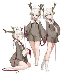 Rule 34 | 3girls, absurdres, ahoge, animal ears, antlers, bell, between legs, braid, brown dress, character doll, christmas, closed eyes, collar, collared dress, commentary request, deer ears, deer girl, dress, full body, hair over shoulder, hand between legs, highres, holding, holding leash, holding stuffed toy, horns, leash, long hair, long sleeves, looking at viewer, multiple girls, no shoes, open mouth, original, parted bangs, reindeer antlers, shiro wa (shiroshironix), simple background, sitting, smile, socks, standing, stuffed toy, tiptoes, white background, white hair, white socks, wide sleeves
