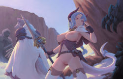 Rule 34 | 1boy, 1girl, bigrbear, black gloves, blue hair, bow, braid, braided ponytail, breasts, cape, cleft of venus, dagger, earrings, fingerless gloves, furry, gloves, highres, holding, holding polearm, holding spear, holding weapon, horns, jewelry, knife, large breasts, long hair, monster, navel, nipples, original, outdoors, polearm, purple eyes, pussy, spear, standing, tail, tail bow, tail ornament, thighhighs, uncensored, weapon, white cape, white thighhighs