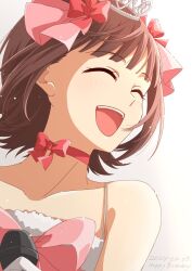 Rule 34 | 1girl, ^ ^, amami haruka, bare shoulders, blunt bangs, blush, bow, brown hair, choker, close-up, closed eyes, collarbone, cute &amp; girly (idolmaster), dated, dress, english text, eyelashes, flipped hair, fur trim, gloves, hair bow, hair ribbon, happy birthday, highres, holding, holding microphone, idol, idolmaster, idolmaster (classic), idolmaster million live!, idolmaster million live! theater days, medium hair, microphone, multiple hair bows, open mouth, pink dress, pink ribbon, portrait, red bow, red choker, ribbon, ribbon choker, sidelocks, skrmyg, smile, solo, spaghetti strap, teeth, tiara, upper body, upper teeth only, white background, white gloves, wind