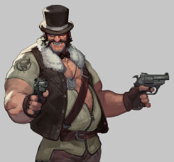 Rule 34 | 1boy, bara, beard stubble, belly, copyright request, cowboy shot, double chin, dual wielding, facial hair, fat, fat man, fl (l-fl), grin, gun, hat, holding, holding gun, holding weapon, jacket, large pectorals, long mustache, looking at viewer, male focus, muscular, muscular male, mutton chops, official art, pectoral cleavage, pectorals, short hair, smile, solo, strongman waist, stubble, thick eyebrows, top hat, weapon, weapon request