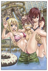 Rule 34 | 1boy, 2girls, bikini, blonde hair, bracelet, breasts, brown eyes, carrying, cleaned, cleavage, clenched teeth, erza scarlet, fairy tail, frilled bikini, frills, hair between eyes, hair ornament, hair scrunchie, hand in own hair, innertube, jewelry, large breasts, long hair, looking at viewer, lucy heartfilia, mashima hiro, multiple girls, nail polish, natsu dragneel, official art, open mouth, pink hair, pink nails, ponytail, princess carry, red hair, scrunchie, shiny skin, sideboob, soaking feet, spiked hair, striped bikini, striped clothes, swim ring, swimsuit, tattoo, teeth, underboob, v, wading, wet