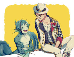 Rule 34 | &gt; &lt;, 2boys, :d, > <, aqua hair, bespectacled, blazer, blue hair, border, buttons, club (shape), diamond (shape), epaulettes, closed eyes, facial mark, fedora, fingerless gloves, fins, flower, floyd leech, glasses, gloves, hat, hat ribbon, heart, jacket, kiri futoshi, leaning on object, looking at another, male focus, merman, monster boy, multicolored hair, multiple boys, open clothes, open mouth, open vest, painted rose, pants, ribbon, scarf belt, sharp teeth, shirt, shoes, short hair, single sidelock, sitting, sitting on object, sleeves rolled up, smile, sneakers, spade (shape), spikes, streaked hair, striped, tail, teeth, three of clubs, trey clover, twisted wonderland, two-tone background, vest, white border, white flower, white pants, white shirt, xd, yellow background, yellow eyes