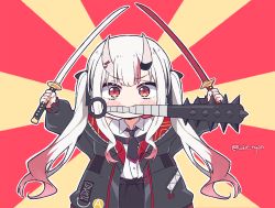Rule 34 | 1girl, blush, club, club (weapon), fang, gradient hair, hair between eyes, hair ribbon, holding, holding weapon, hololive, horns, jacket, kanabou, katana, kukie-nyan, long hair, looking at viewer, mouth hold, multicolored hair, nakiri ayame, nakiri ayame (streetwear), necktie, official alternate costume, oni, red eyes, red hair, ribbon, shirt, sidelocks, skin-covered horns, solo, streaked hair, sword, twintails, virtual youtuber, weapon, white hair