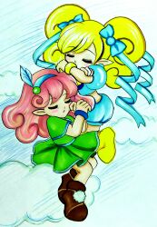 Rule 34 | 2girls, absurdres, armlet, blonde hair, blush, character request, closed eyes, cloud, cloudy sky, curly hair, dreaming, fairy, floating, green shirt, highres, long hair, multiple girls, panel de pon, pink hair, respect-wiz-msm, shirt, sky, traditional media, windy (panel de pon)