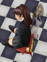 Rule 34 | absurdres, atlus, bad id, bad pixiv id, black thighhighs, brown eyes, brown hair, checkered floor, earrings, floor, glasses, highres, himiko (persona 4), houndstooth, jewelry, kujikawa rise, lipstick, long hair, makeup, mimura aki, miniskirt, persona, persona 4, pleated skirt, school uniform, shadow, sitting, skirt, smile, spread legs, television, thighhighs, twintails