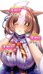 Rule 34 | 1girl, ahoge, animal ears, between breasts, blush, breasts, brown hair, closed eyes, commentary request, gloves, hand on another&#039;s cheek, hand on another&#039;s face, headband, horse ears, large breasts, medium hair, meisho doto (umamusume), portrait, pov, pov hands, simple background, smile, solo focus, umamusume, white background, wildcat (kusonemi)