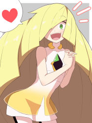 Rule 34 | 1girl, :d, blonde hair, breasts, commentary request, covered collarbone, creatures (company), diamond (shape), dress, game freak, gem, green eyes, green gemstone, hair over one eye, hands up, heart, highres, kurachi mizuki, long hair, looking at viewer, lusamine (pokemon), nintendo, notice lines, open mouth, own hands together, pokemon, pokemon sm, sleeveless, sleeveless dress, smile, solo, spoken heart, teeth, tongue, upper teeth only, white dress
