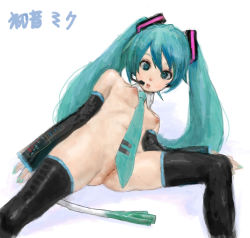 Rule 34 | 1girl, :o, aqua eyes, aqua hair, bad id, bad pixiv id, breasts, detached sleeves, hatsune miku, headset, long hair, necktie, nipples, nude, ponsuke (pon00000), pussy, simple background, small breasts, solo, spring onion, thighhighs, twintails, very long hair, vocaloid