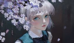 Rule 34 | 1girl, aqua eyes, aqua vest, black bow, black bowtie, black hairband, blush, bow, bowtie, cherry blossoms, chinese commentary, closed mouth, commentary request, flower, grey hair, hairband, highres, impasto, konpaku youmu, lingear, lips, looking at viewer, pink flower, portrait, realistic, shirt, short hair, solo, touhou, white shirt