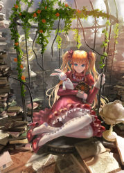Rule 34 | 1girl, argyle, argyle clothes, argyle legwear, armillary sphere, bad id, bad pixiv id, blonde hair, blue eyes, book, book stack, bow, bowtie, cage, denki, dress, flower, globe, gloves, high heels, holding, holding book, indoors, ivy, juliet sleeves, light smile, long hair, long sleeves, looking at viewer, open book, original, paper, plant, puffy sleeves, pumps, red dress, red footwear, shoe dangle, shoes, sitting, solo, stuffed animal, stuffed rabbit, stuffed toy, twintails, white gloves, white legwear, yokozuwari