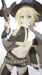 Rule 34 | 1girl, absurdres, belt, black hat, black shorts, blonde hair, breasts, chaps, cowboy hat, crop top, dated, gradient background, gun, hair between eyes, hat, highres, holding, holding gun, holding weapon, jacket, long sleeves, looking at viewer, medium breasts, midriff, nao (syn eaa), open clothes, open jacket, parted lips, short shorts, shorts, signature, simple background, solo, sonolar, summon night, summon night 3, weapon