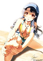 Rule 34 | 1girl, bare arms, bare shoulders, barefoot, bikini, black hair, blush, breasts, casino (casinoep), collarbone, commentary request, dutch angle, feet, foot focus, foot out of frame, foreshortening, front-tie bikini top, front-tie top, halterneck, idolmaster, idolmaster million live!, long hair, looking at viewer, medium breasts, navel, necktie, panties, red eyes, signature, sitting, soles, solo, striped bikini, striped clothes, swimsuit, takayama sayoko, toes, underwear, visor cap
