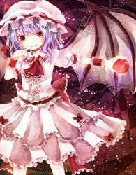 Rule 34 | 1girl, apple, bad id, bad pixiv id, bat wings, blue hair, bow, dress, female focus, finger to mouth, food, frills, fruit, hat, hat ribbon, jaku sono, licking lips, lights, outstretched hand, pink dress, red eyes, remilia scarlet, ribbon, sash, short hair, slit pupils, smile, solo, tongue, tongue out, touhou, wings, wrist cuffs, wrist ribbon