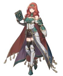 Rule 34 | 1girl, armor, armored boots, bare shoulders, belt, black thighhighs, book, boots, breastplate, cape, celica (fire emblem), closed mouth, dress, earrings, elbow gloves, fingerless gloves, fire emblem, fire emblem echoes: shadows of valentia, fire emblem heroes, full body, gloves, gold trim, hairband, highres, holding, jewelry, long hair, looking at viewer, nintendo, non-web source, noy, official art, overskirt, red eyes, red hair, skirt, smile, standing, thighhighs, transparent background, zettai ryouiki