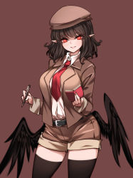1girl, bangs, belt, belt buckle, beret, black hair, black legwear, black wings, blazer, breasts, bright pupils, brown headwear, brown jacket, brown shorts, buckle, collared shirt, commentary, cowboy shot, eyebrows visible through hair, feathered wings, hat, highres, holding, holding notebook, holding pen, jacket, large breasts, long sleeves, looking at viewer, medium hair, necktie, notebook, open clothes, open jacket, pen, pointy ears, raptor7, red background, red eyes, red neckwear, shameimaru aya, shirt, shorts, smile, solo, standing, thighhighs, touhou, wavy hair, white pupils, white shirt, wing collar, wings, zettai ryouiki