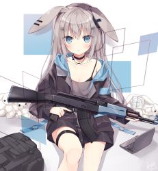 Rule 34 | 1girl, :o, ak-47, animal ears, assault rifle, backpack, bag, black choker, black jacket, blue eyes, blush, breasts, choker, cleavage, collarbone, commentary request, computer, grey hair, grey shirt, gun, hair between eyes, hair ornament, hairclip, highres, holding, holding gun, holding weapon, hoshi (snacherubi), jacket, kalashnikov rifle, laptop, long hair, long sleeves, looking at viewer, off shoulder, open clothes, open jacket, original, parted lips, rabbit ears, rifle, shirt, sitting, sleeves past wrists, small breasts, solo, stuffed animal, stuffed rabbit, stuffed toy, target, thigh strap, trigger discipline, very long hair, weapon